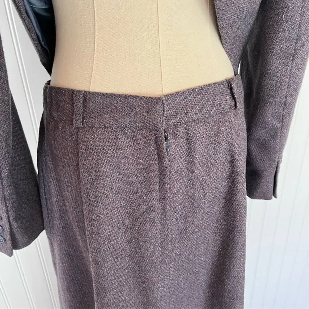 Vintage Purple Suit Matching Skirt and Blazer Coord Set Neck Tie Wool Career